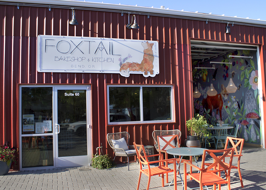The red box factory storefront of at the Foxtail Bakeshop